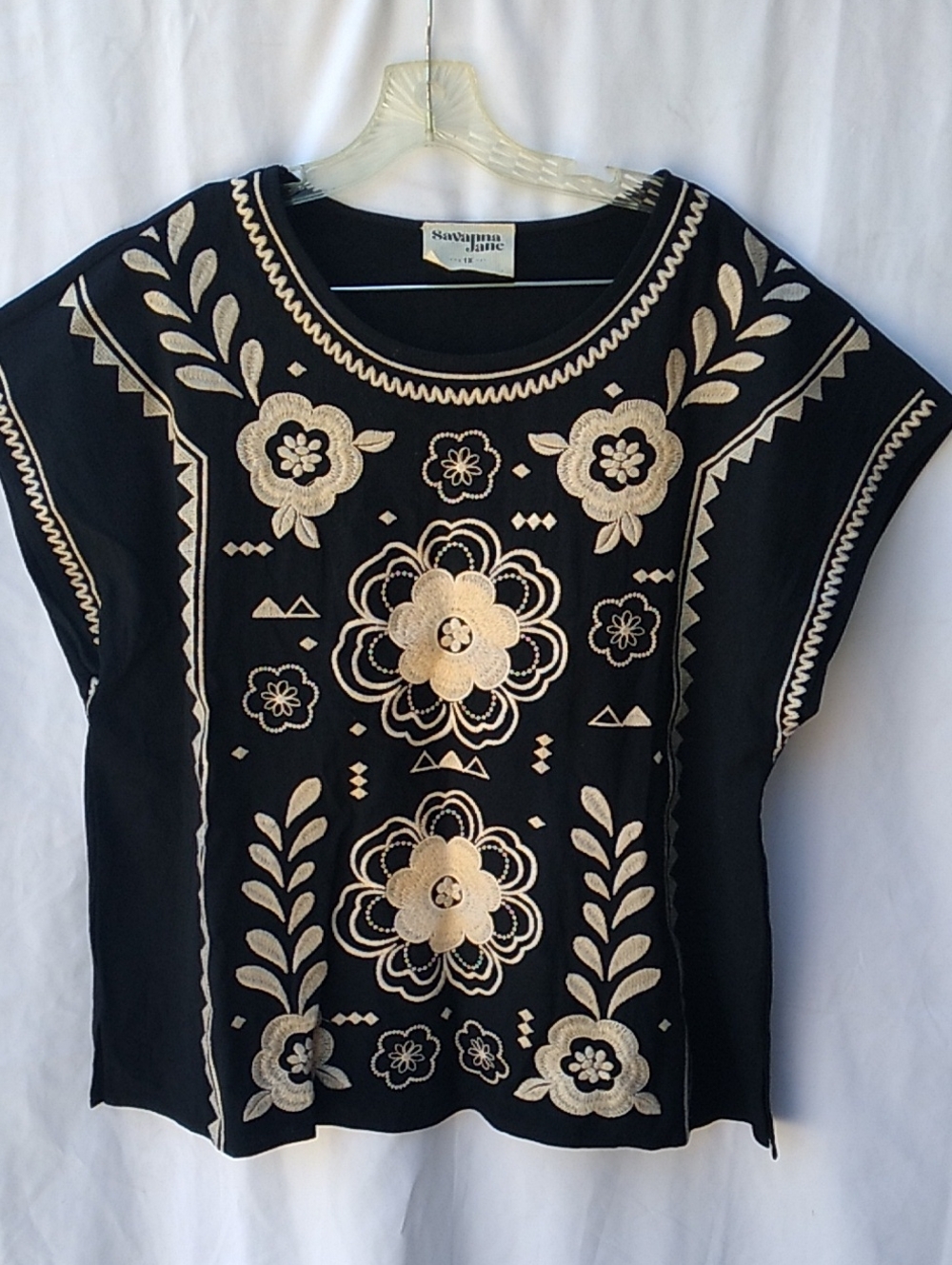 Savanna Jane Black Top with Cream Floral Embroidery 1X